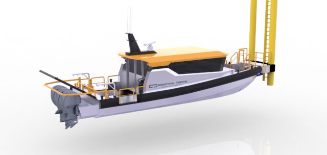 Custodian 1300C crew transfer vessel pushing on to a monopile ladder for personnel transfer
