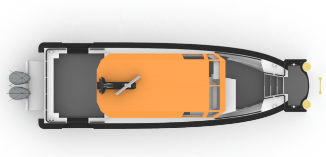 Custodian 1300C top view showing wheelhouse, open aft working deck and twin outboards